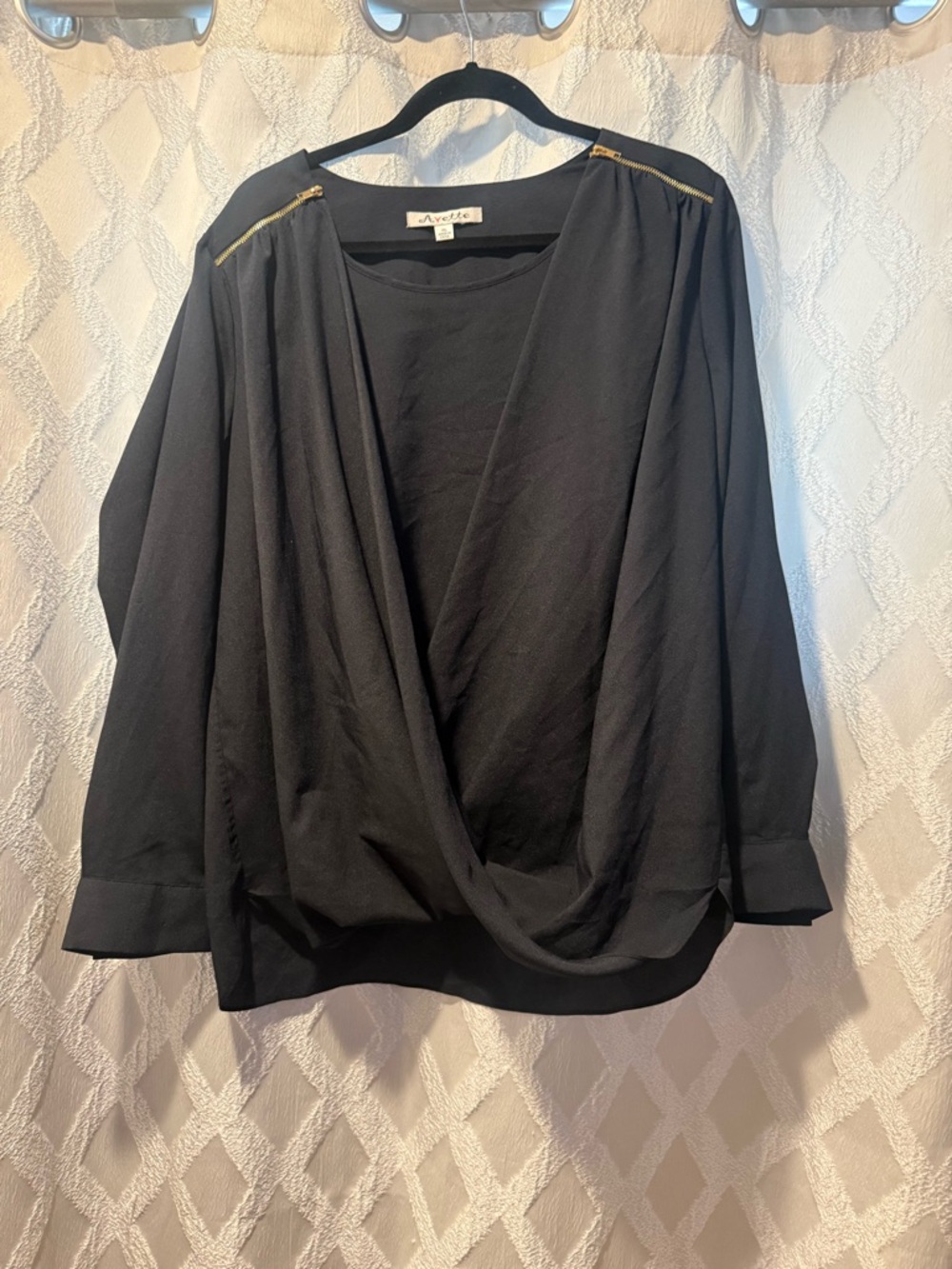 Avette Black Draped Blouse with Gold Zip Accents
